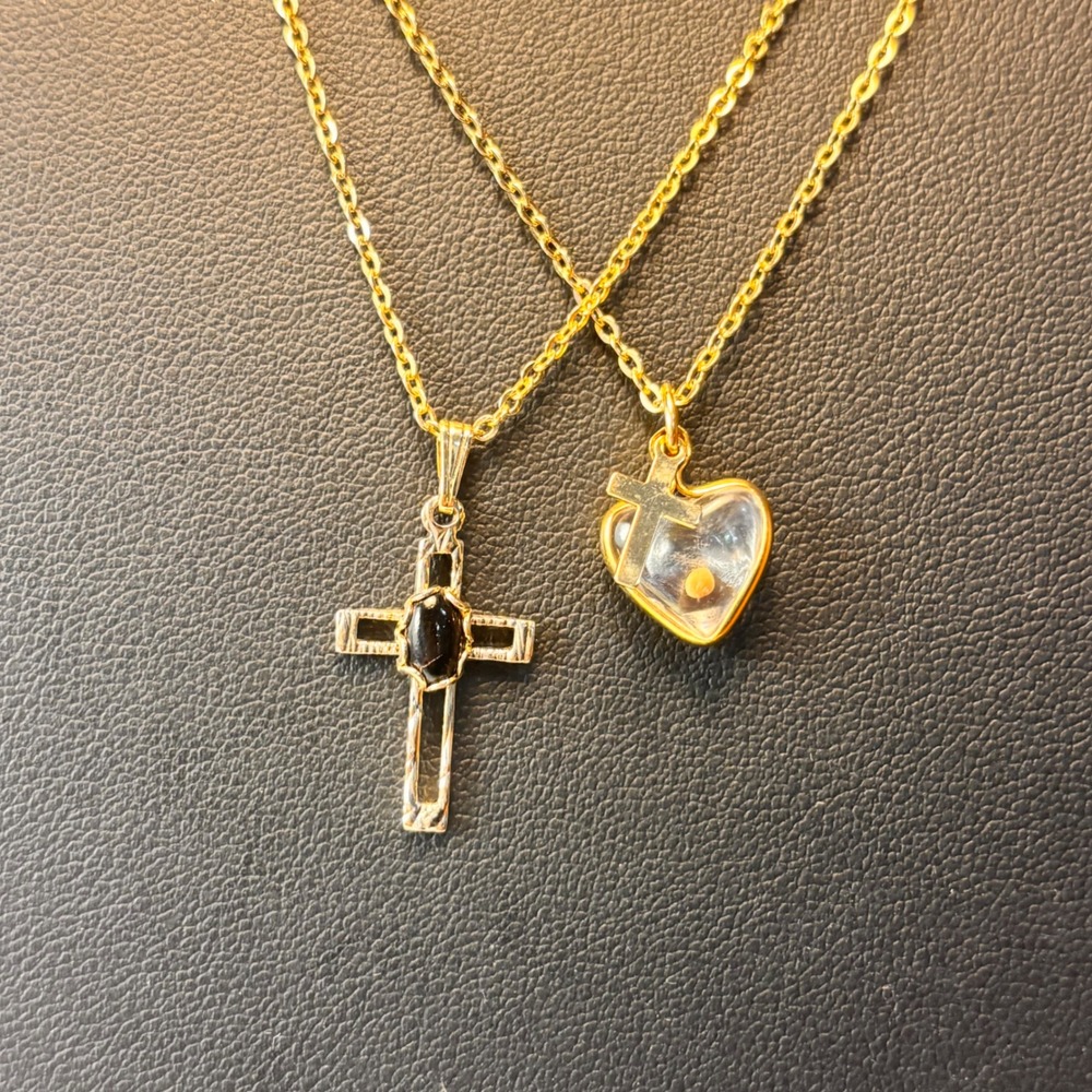 Vintage Cross Necklace Set Gold Tone Heart Mustard Seed Black Stone Boho Goth